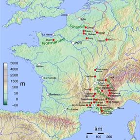 Map of France: Locations of origin of Huguenots in Burg