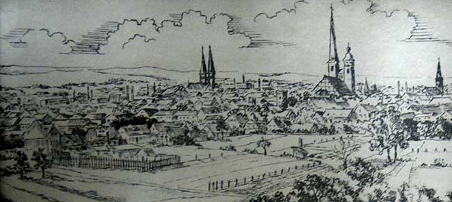 Burger Stadtansicht um 1900, Zeichnung von K.H. Schirmer